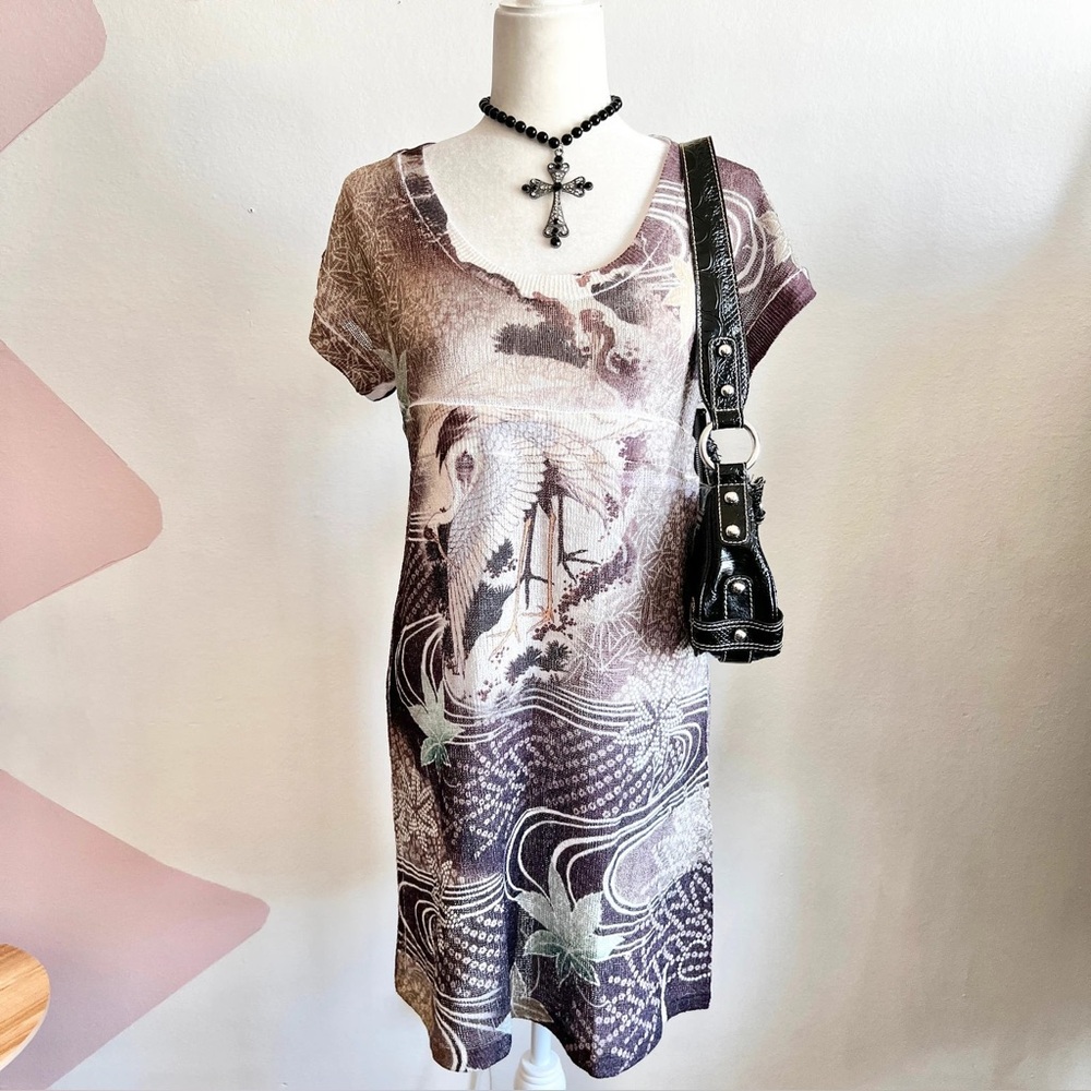 Vintage Mesh Flamingo Dress, Y2K Grunge Cover Up Bohemian Indie Sleaze Medium